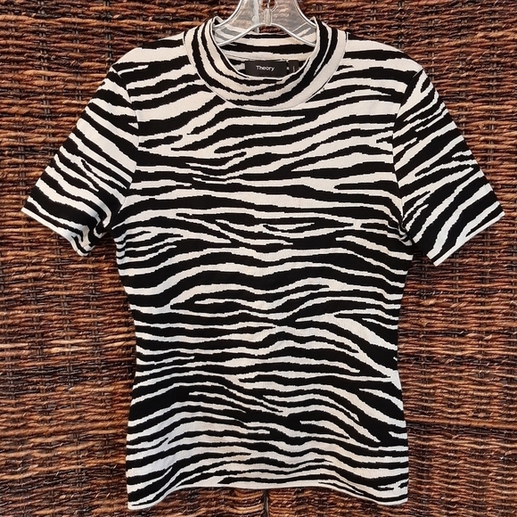 Theory Zebra Knit Wool Short Sleeve Mock Neck Sweater Tee Shirt Women's P Small - Picture 1 of 6